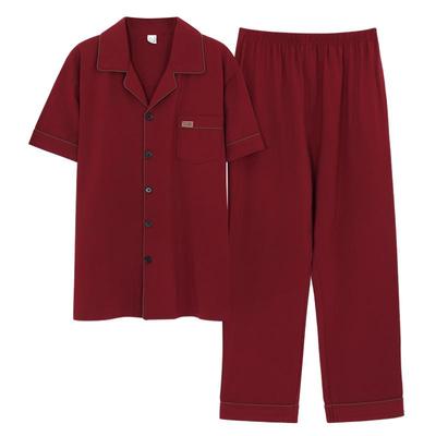 莱卡睡衣男夏季纯棉短袖长裤喜庆结婚大红色家居服本命年春秋套装