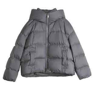 ELLE90鹅绒深灰色短款连帽羽绒服女2025冬季新款简约加厚保暖外套