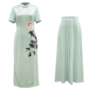 国风夏季醋酸精致印画低立领高腰开衩娇香奥黛连衣裙阔腿裤两件套