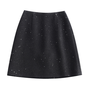 黑色亮片半身裙女秋冬季精致星空闪闪裙子毛呢包臀裙高腰a字短裙