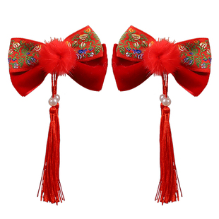 中国风红色蝴蝶结发夹女童珍珠流苏新年喜庆额链头饰发饰