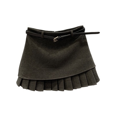 灰色毛呢半身裙高腰A字百褶短裙