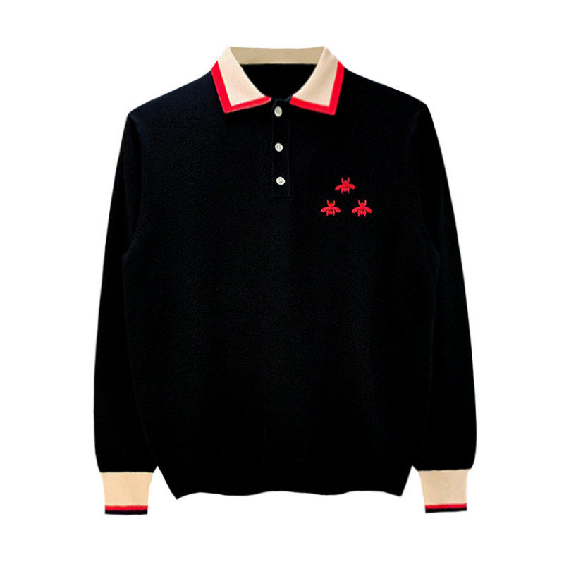 秋冬新款男装拼色上衣polo衫男长袖小蜜蜂刺绣高级黑色翻领针织衫
