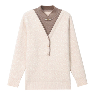 新中式妈妈秋冬装一体绒羊毛衣假两件内搭中老年女加绒保暖上衣服