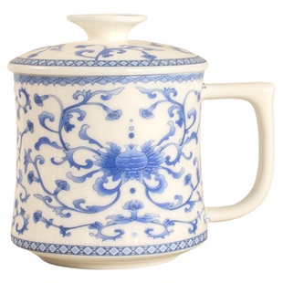 青花350ml月牙杯陶瓷茶杯带盖过滤泡茶杯陶瓷办公杯家用茶水分离