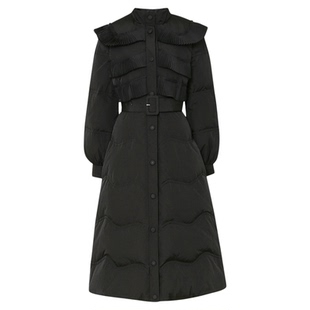 达菲2025年冬季新款欧美时尚压褶木耳边立领中长款通勤羽绒服气质