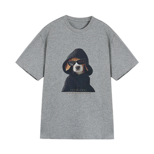 pusumede 趣味出逃 小狗印花长袖短袖t恤女宽松大版休闲慵懒上衣