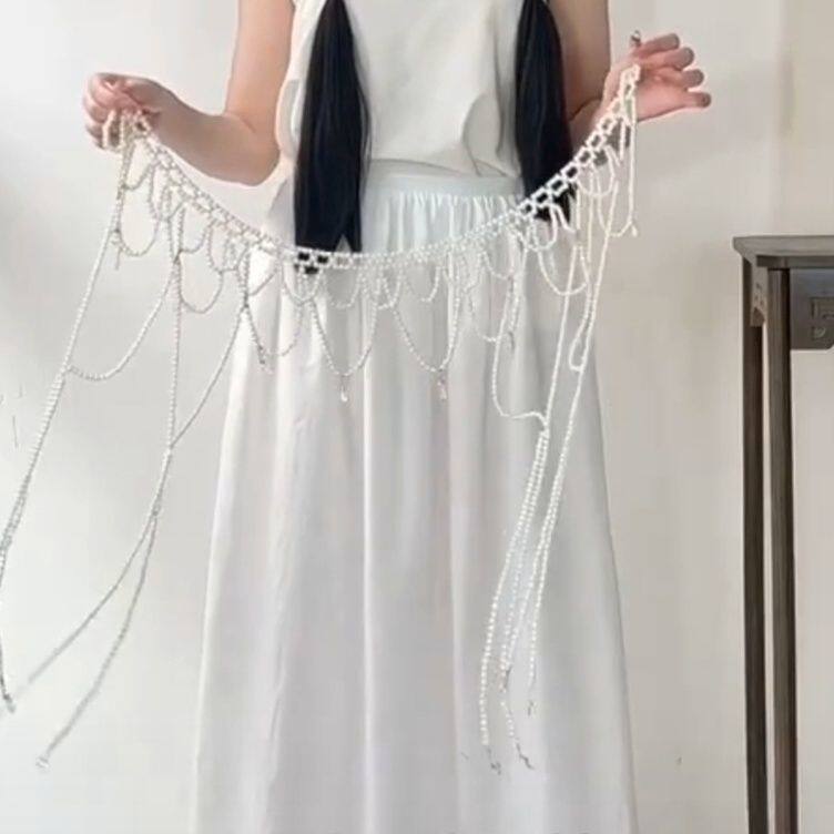 汉服腰饰流苏腰链古风珍珠可调节坦领纯欲全身