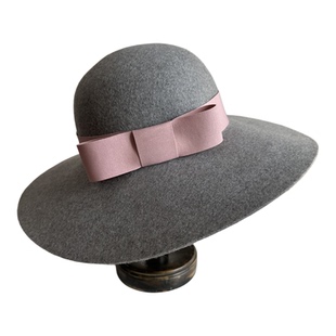 秋冬气质灰粉色羊毛呢大檐礼帽女时尚百搭圆顶帽女英伦复古大沿帽