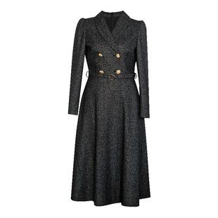 罗衣知性OL风格毛呢西装连衣裙女春优雅通勤黑色大摆连衣裙07927