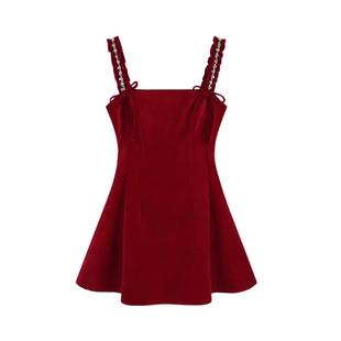 小香风钉珠红色吊带连衣裙女高级感冬季圣诞穿搭打底蓬蓬a字裙子