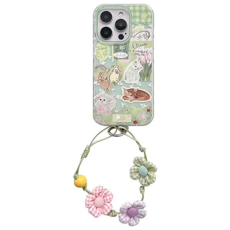 启乾 绿色格纹花朵兔子猫咪腕带iPhone16/15手机壳适用苹果14/13promax硬壳12/11链条挂绳小清新卡通新款春天