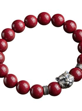 朱砂手串女佛珠转运珠男女银老虎头情侣款手链正品官方旗舰店