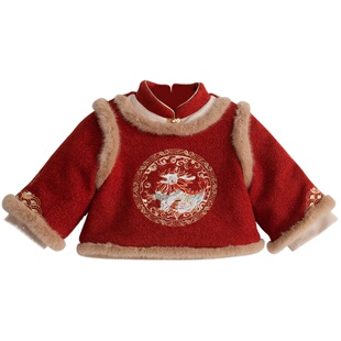 男童汉服冬季2025新款儿童加绒加厚红色喜庆拜年服套装男宝宝唐装