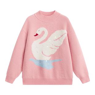 爱法贝秋冬新款女童白天鹅线衫小女孩甜美针织衫中大童洋气毛衣