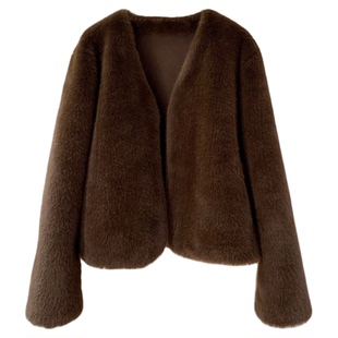 极简好穿水貂绒环保皮草貂皮大衣皮毛一体 V领短款秋冬毛毛外套女