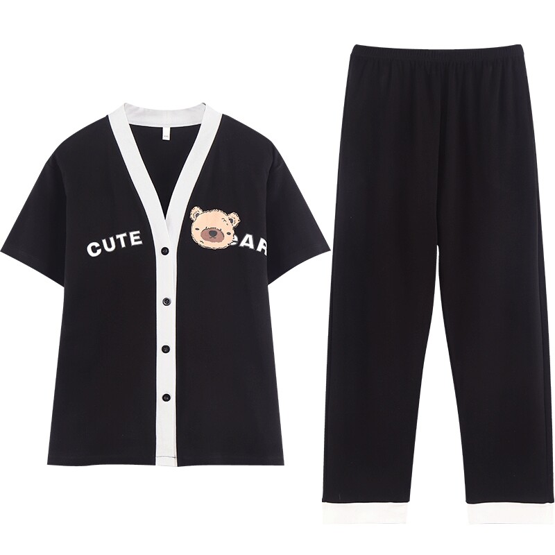 秋鹿【断码清仓】夏天睡衣卡通和服V领开衫短袖长裤纯棉家居服