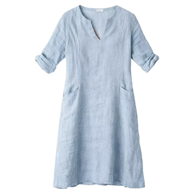 V-neck solid color three-quarter sleeve dress womenV领连衣裙
