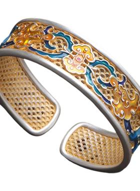 足银999珐琅描金龙纹开口手镯女国风新中式百搭实心镯子手环饰品