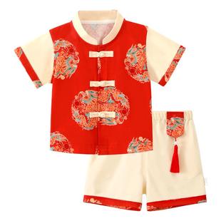龙喜年一周岁男宝礼服红色新中式国风纯棉抓周百天百岁宴衣服夏款