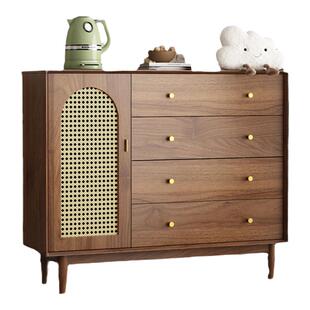 实木复古藤编斗柜客厅立柜新中式卧室胡桃色收纳储物柜床尾抽屉柜