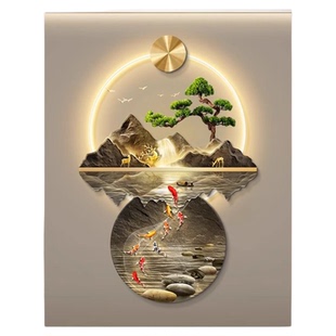 迎客松入户玄关装饰画带灯九鱼山水画走廊过道灯画高级感壁灯挂画