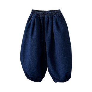 儿童纯色百搭加绒牛仔裤冬季新品韩系男女童休闲宽松一体绒灯笼裤