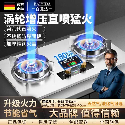 德国高端煤气燃气灶纯铜直喷猛火双灶天然液化气定时嵌入式台式灶
