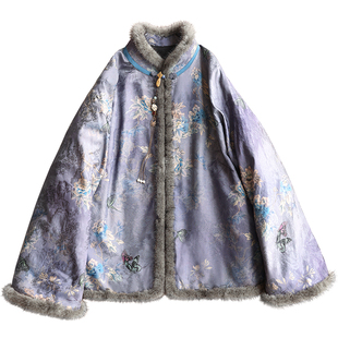 云澍原创 交织香云纱新中式国风水貂毛领花盘扣对襟棉服上衣女冬