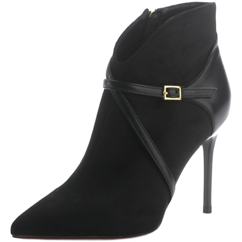 时尚女2024秋冬新款卡其色皮带扣绒面性感尖头细跟超高跟短靴显瘦