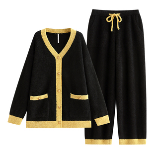 悦内半边绒睡衣女冬季秋冬款珊瑚绒加绒加厚保暖家居服软绵绵套装