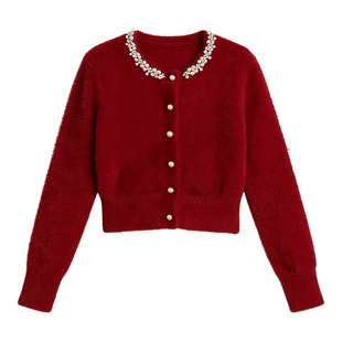 DPLAY红色针织衫女冬季新款珍珠法式时尚气质新年长袖上衣毛衣