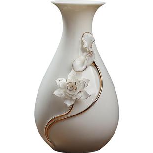 高档描金陶瓷花瓶轻奢摆件 客厅餐桌插花家居新中式白色干花瓷器