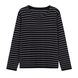 OTHERSTORE 万年青 圆领直筒亚麻条纹t恤女百搭天丝显瘦长袖上衣