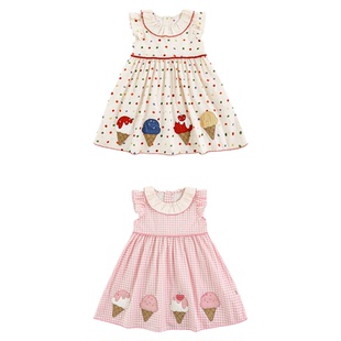 幼悠女童冰激凌贴布绣短袖连衣裙夏季撞色曲牙甜美翻领小飞袖裙子