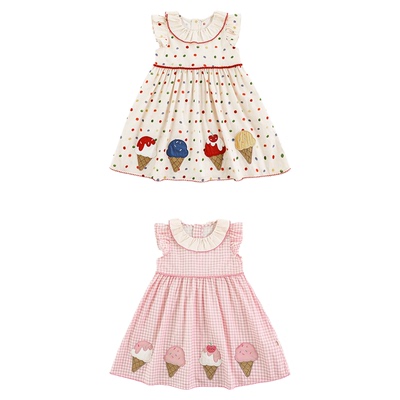 幼悠女童冰激凌贴布绣短袖连衣裙夏季撞色曲牙甜美翻领小飞袖裙子
