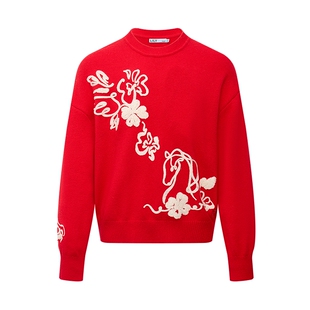 LILY2025冬新款含羊毛马年绣花宽松百搭通勤加厚套头针织衫毛衣女