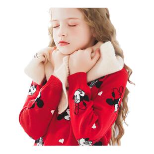 迪士尼女童毛衣秋冬新款儿童红色上衣加绒加厚针织衫大童保暖童装