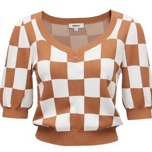 tq区绫致ONLY25春夏小心机V领薄款格子抽绳短款针织衫女时尚