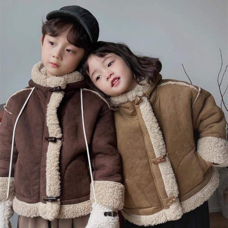 儿童羊羔毛外套冬季保暖棉衣韩版男女童加厚加绒皮毛一体拉链大衣