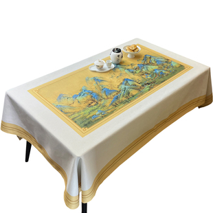 千里江山图棉麻餐桌布椅套罩黄色中国风长方形山水画茶室客厅盖布