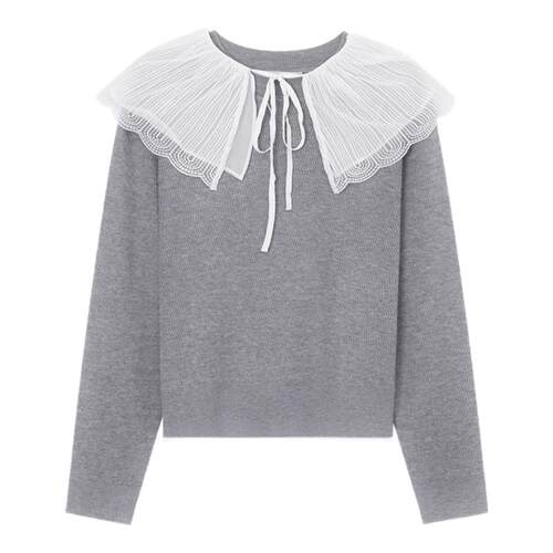 【299元3件】飘蕾灰色荷叶领毛衣女2025春季新款时尚简约减龄休闲