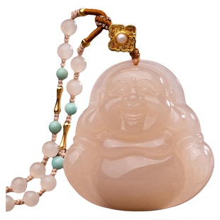 金玉良缘【有凤来仪】通体18K金藕粉和田玉弥勒佛公吊坠玉佛项链