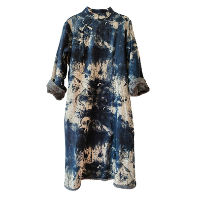 A型棉麻花色加绒保暖连衣裙