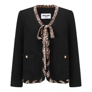 SHRO ENRO春季新款豹纹拼接设计肌理感V领外套A字半身裙时尚套装