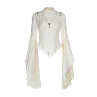 希与studio哥特中世纪宫廷风长袖V领褶皱上衣亚文化衬衫半裙套装