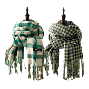 绿色小清新格子围巾女秋冬季韩版百搭软妹学生仿羊绒长款流苏围脖
