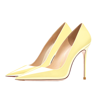 hltino2025新款浅黄色漆皮时装尖头高跟鞋女细跟气质职场小单鞋秋