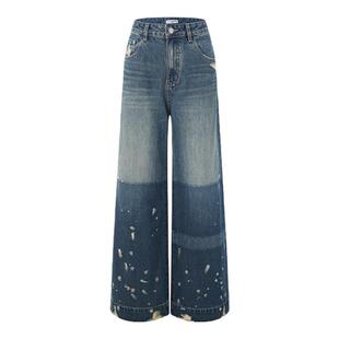 DIANA VEVINA 25春夏女士撞色水洗阔腿牛仔长裤银泰百货 301489