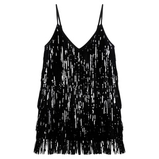 Solid sequin tassel Slip dress women纯色亮片流苏吊带裙女